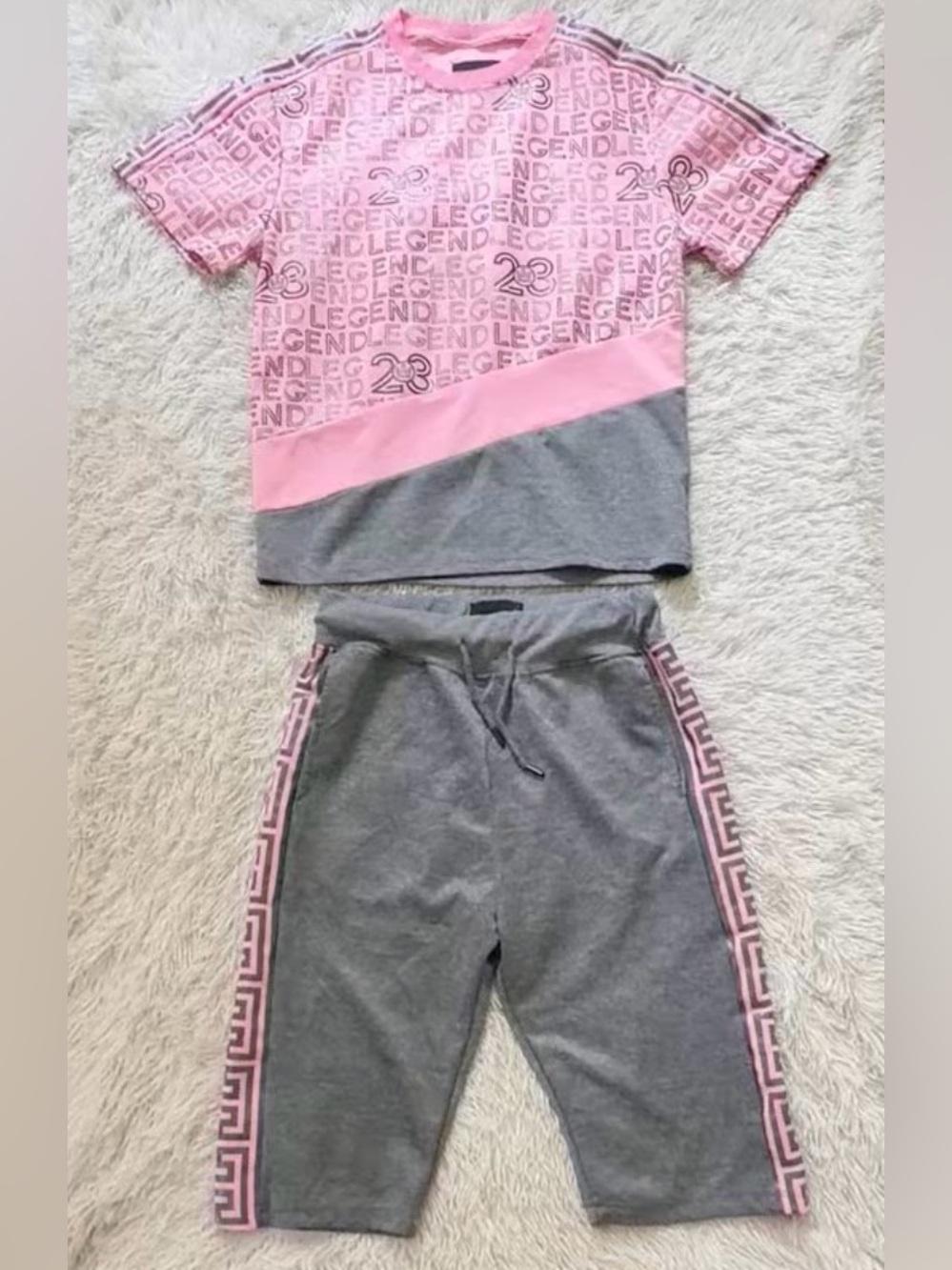Sacred Crown Pink & Grey “Legend 23" Streetwear Graphic T-Shirt & Shorts Set
